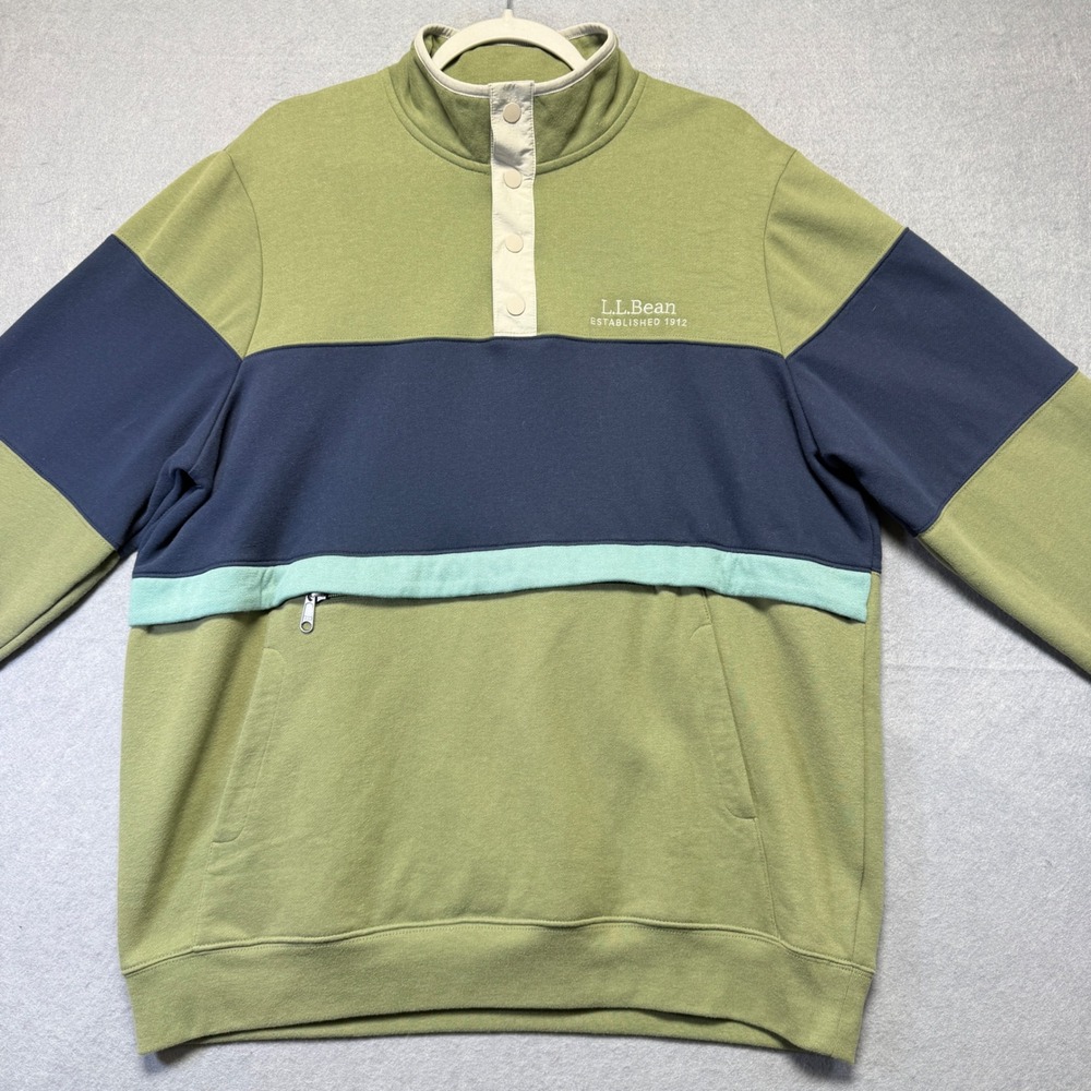 LL Bean Mens Large Tall Snap Neck Colorblock Pullover Sweatshirt Green‎ Navy